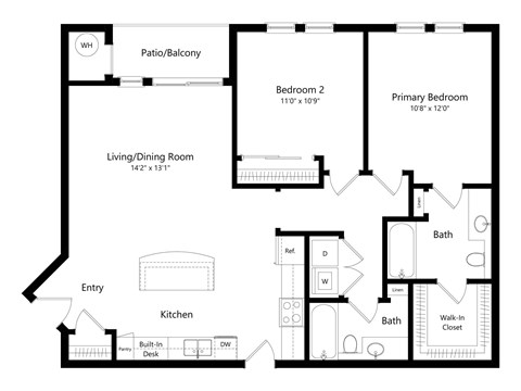 Floor plan for 2 beds, 2 baths, 1082 sqft